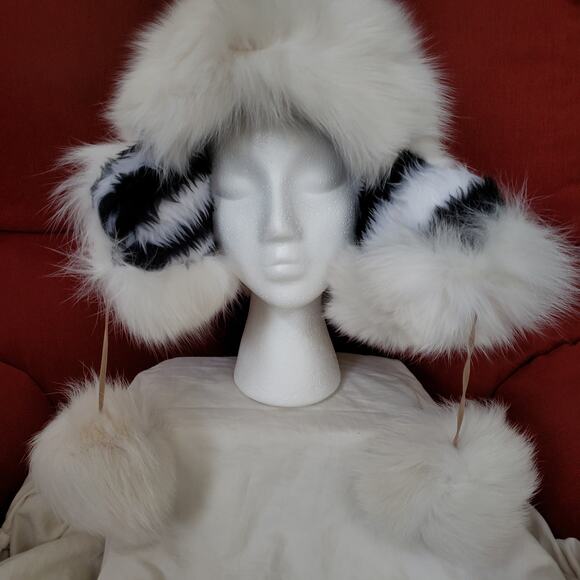 White Mink Reversible Trapper Hat Zebra Design Interior Pom Poms Leather Strap main image 11